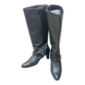 롱 부츠 여성용 블랙 벨트 장식 사이드 지퍼 26.5cm