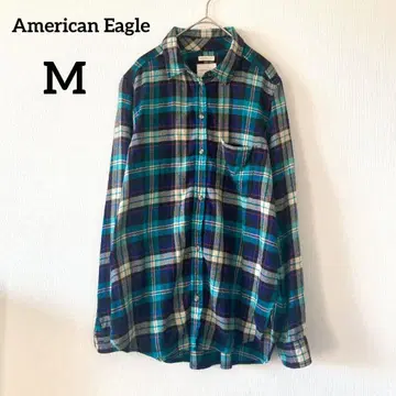 아메리칸 이글 플란넬 셔츠 블루 M 남성용 체크 무늬 얇은 소재 048