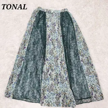 새상품급 토널 작은 꽃 프린트 레이스 개더 플레어 스커트 38 그린