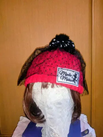 미니 마우스 빨간색 니트 모자 레이스와 리본, 폼폼 포함