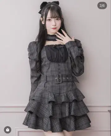pium 초커 프릴 티어드 원피스 블랙 체크