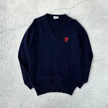 70s 스코틀랜드제 빈티지 구제 의류 v넥 울 니트 네이비