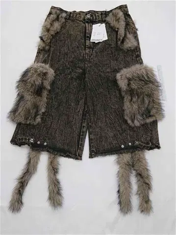 그랑시 인조 모피 절개 데님 팬츠 브라운 계열 L 사이즈