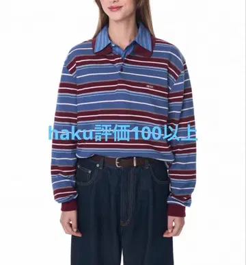 GROVE 긴팔 피케 셔츠 파랑 빨간색 화이트 스트라이프