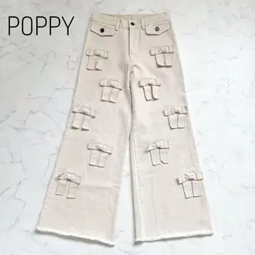 택 포함 새상품 POPPY 메니 리본 데님 팬츠 아이보리 아사기니뇨 M