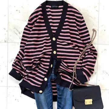 새상품급 코튼 캐시미어 가디건 보더 V넥 워셔블