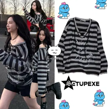 SETUPEXE 스트라이프 V넥 니트 카리나 착용