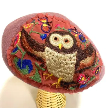 올빼미 자수 베레모 울 일본제 핑크