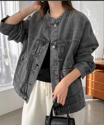 앤도미 새상품 오버 사이즈 노카라 데님 트윌 자켓