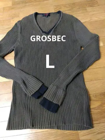 GROSBEC 리브 짜임 V넥 스웨터 L 사이즈 카키