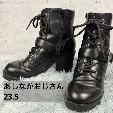 통굽 레이스업 부츠 벨트 포함 힐 37 약 23.5cm 블랙