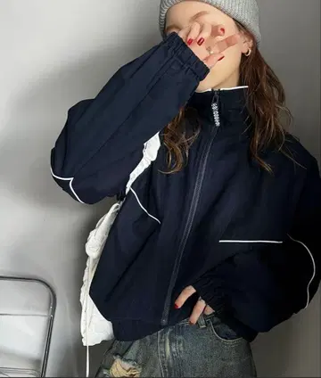 안감 플리스 배색 파이핑 스탠드 카라 오버 사이즈 블루종