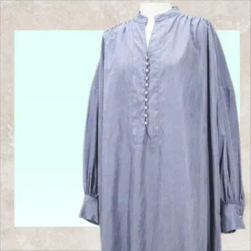 스위치 바이 아치 L 롱 원피스 긴팔 스카이블루 프론트 버튼 무지