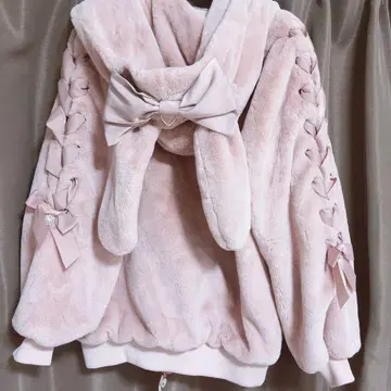 리즈리사 리본 토끼 귀 퍼 블루종 핑크