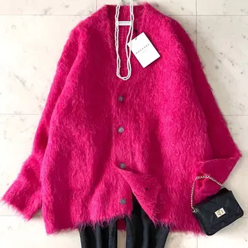 택 포함 미사용 맥피 플러피 알파카 V넥 가디건 핑크 긴팔