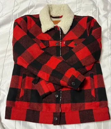 LEVI'S 보아 옷깃 체크 자켓 XS 빨간색 블랙 체크 무늬