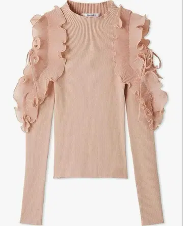 SNIDEL 플리츠 프릴 도킹 니트 풀오버 핑크 베이지