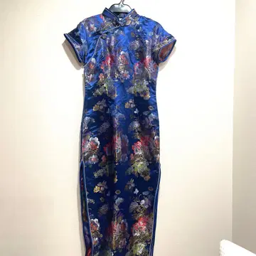 네이비 자수 차이나 드레스 반팔