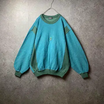 빈티지 니트 스웨터 그린 절개 원포인트 자수 빈티지