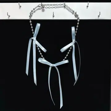 새상품급 빔즈 실버 볼 체인 목걸이 스카이블루 리본 발레코어