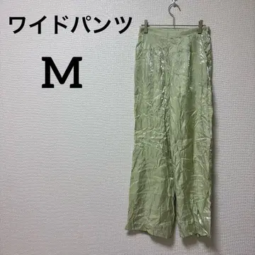 1점 한정 라이트 그린 [ M ] 플리츠 와이드 팬츠 새틴풍 여성용