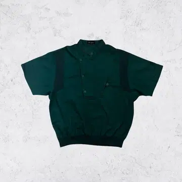 스탠드 카라 반팔 셔츠 린넨 면 아크릴 짙은 녹색 M