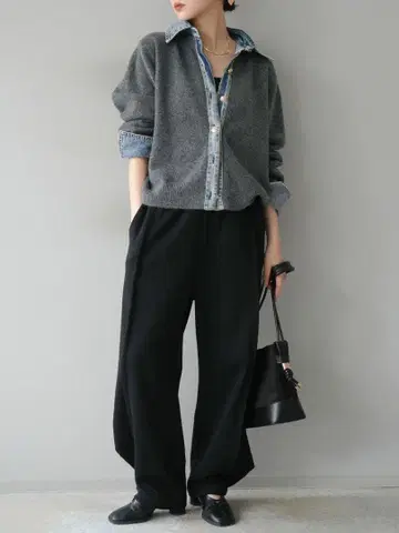 데님 카라 부착 가디건 그레이