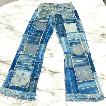 리메이크 데님 Y2K 스트레이트 패치워크 재구축 십자가 와이드