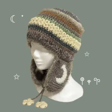 별과 달 귀도리 니트 모자 브라운 그린 베이지