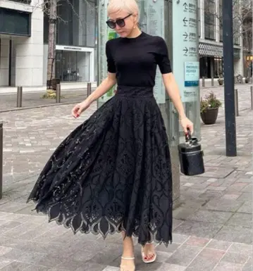 [ 새상품급 LL 사이즈 ] JENNE 레이스 블랙 플레어 스커트