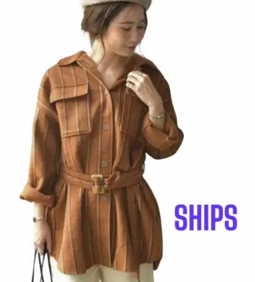 새상품급 SHIPS khaju 울 혼방 브라운 스트라이프 벨트 셔츠 프리