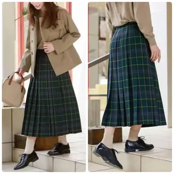 매킨토시 철학 롱 스커트 체크 무늬 플리츠 36 그린