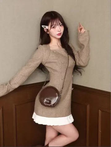 darich 플리츠 도킹 트위드 미니 원피스 FL 브라운 BRN