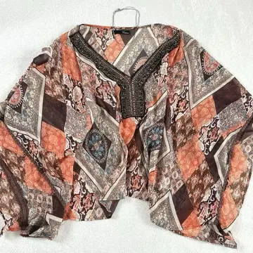 NEO 모리걸 화려한 무늬 블라우스 코켓 그런지 판초 비즈 레이스 M