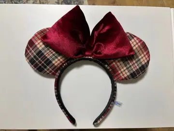미니 귀 머리띠 체크 무늬 빨간색 리본