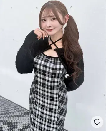 NOMAE 샤기 볼레로 롱 체크 원피스