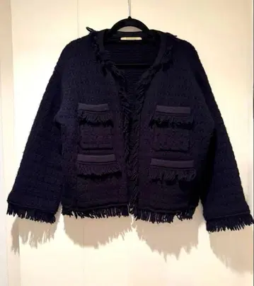 프린지 부착 노카라 자켓 네이비