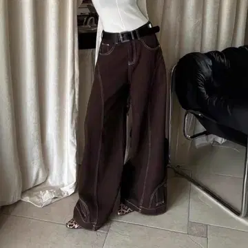 헤이세이 갸루 00s 브라운 와이드 레그 데님 벨트 포함 Y2K