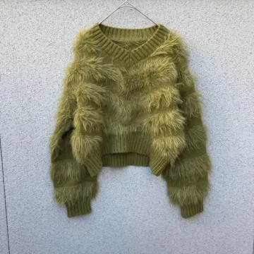 2925 [샤기 니트] M 크롭 V넥 스웨터 올리브 그린