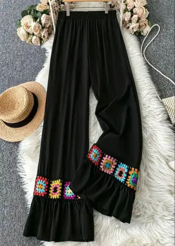 자수 패치워크 와이드 팬츠