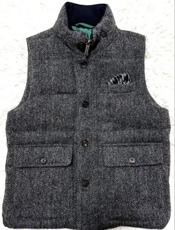 켄트 다운 베스트 해리스 트위드 헤링본 로고 버튼 로고 지퍼