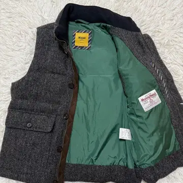 켄트 다운 베스트 해리스 트위드 헤링본 로고 버튼 로고 지퍼