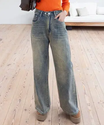 비즈 장식 하이웨스트 와이드 레그 데님