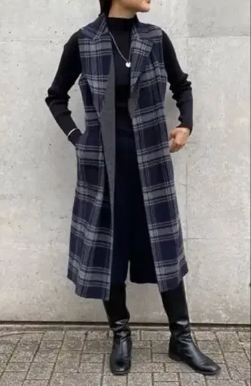 울 혼방 체크 무늬 롱 베스트 S 사이즈