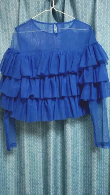 파란색 프릴 긴팔 Around frill tulle 시어 블라우스