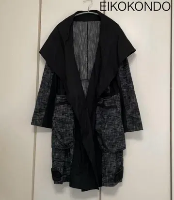EIKOKONDO 후드 부착 롱 코트 블랙 그레이