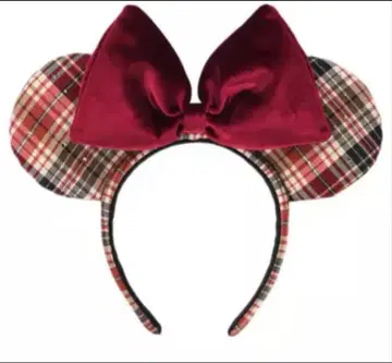 미니 귀 머리띠 체크 무늬 빨간색 리본