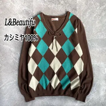 캐시미어 100% V넥 스웨터 긴팔 아가일 니트 부드러운 L 사이즈