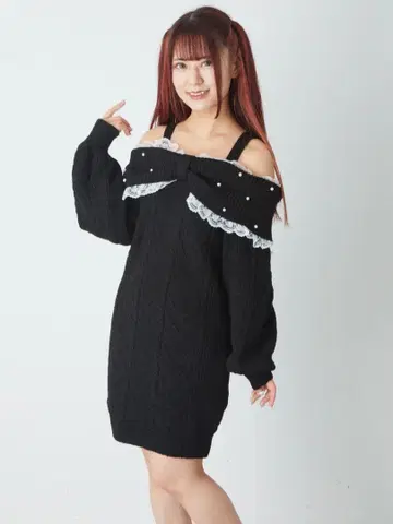 Ank Rouge 오프숄더 리본 니트 원피스