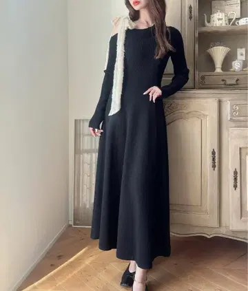 원피스 숄더 리본 아지메 니트 플레어 원피스, L 사이즈